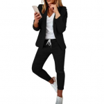 Naiste 2 tk lahtise eesmise pikkade varrukatega bleiser elastse v&ouml;&ouml;kohaga p&uuml;kstega pidulik peo&uuml;likonna komplekt XL must