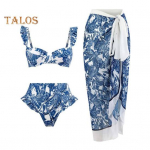 3 tk/komplekt Naiste suvised bikiinid rannakattega seelikuga Bohemia stiilis volangidega varrukas Bandeau rinnahoidja k&otilde;rge v&ouml;&ouml;kohaga ujumisp&uuml;ksid, pitskattega kattekomplekt L tumesinine v&auml;rv