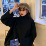 Talvine paksu kaelusega metsik kampsun naiste lahtine sviiter, poolitatud &uuml;hev&auml;rviline kootud kampsun S must