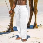 Meeste puuvillased linased p&uuml;ksid, vabad sirged p&uuml;ksid, kerged n&ouml;&ouml;riga rannap&uuml;ksid S valge