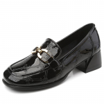 Loafers Naiste paksu kontsaga metallist pandlaga kandiline varvas Lihtne keskmise kontsaga lakknahast &uuml;ksikud kingad Suured v&auml;ikesed nahast kingad 43