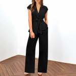 2-osalised &uuml;likonnakomplektid naistele suvekomplektid, kork, varrukas, V-kaelus, laia jalaga p&uuml;kste komplektid, t&ouml;&ouml;riided L must