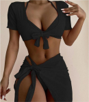 Naiste moodne bikiinikomplekt, 4-osaline, soliidne ujumisriiete komplekt, p&auml;itseteta seljataga stringid, l&uuml;hikeste varrukatega, pitsitud, katted ujumistrikoo Seksikas ujumiskost&uuml;&uuml;m S must