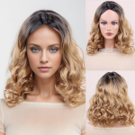 S&uuml;nteetiline kuldne blond pruun tumedate juurtega Parukad L&uuml;hikesed lainelised parukad naistele Daily Cosplay Natural Hair Parukas Kuumakindel kiud kuldpruun v&auml;rv