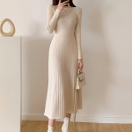 S&uuml;gis Talvine Kitsas Pikkade Varrukatega Peo Midi Kleit Naistele Kootud Poolk&otilde;rge Kaelusega Elegantne Kootud Kampsunikleit Daamidele One Size beež
