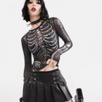Gooti punk s&auml;rk 2000ndad Naiste skeleti mustriga &uuml;mara kaelusega pikkade varrukatega l&uuml;hike topp Must tume akadeemiline riietus y2k T-s&auml;rgid t&auml;navamood S must