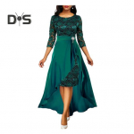 2 tk/komplekt naiste ballikleidi seelikukomplekt &otilde;&otilde;nsate pitsidega volangidega &auml;&auml;ris, k&otilde;rge v&ouml;&ouml;koht, &uuml;mmargune kaelus, kolmveerandvarrukatega pahkluu pikkune pidulik maksikleit M roheline