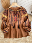 Naiste Elegantne Rahvuslik Stiil Tikandiga Pluus Retro Tutt V-kaelusega Laterna Varrukatega Topid Vaba Uus Disain K&otilde;igega Sobivad Vintage Pulloverid L pruun