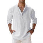Uued puuvillased linased meeste s&auml;rgid vabaaja s&auml;rgid Kerged pikkade varrukatega Henley rannas&auml;rgid Hawaii T-s&auml;rgid meestele T&auml;navar&otilde;ivad US Size S(50-60 KG） valge