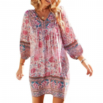 Kevadine kuum naiste boheemlasliku mustriga kleit pikkade varrukatega V-kaelusega paeltega A-l&otilde;ikeline kleit XL roosa