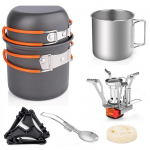 Matkak&ouml;&ouml;gin&otilde;ude komplekt kokkupandava matkapliidiga Kerge pannikomplekt roostevabast terasest tassi ja oranž