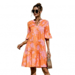 Naiste suvine minikleit puhvis l&uuml;hikeste varrukatega V-kaelusega plisseeritud kleit boho-mustriga A-l&otilde;ikeline l&uuml;hike kleit rannapuhkuseks mitmekihiline voolav suvekleit S roosa punane v&auml;rv