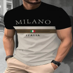 Lihtne meeste T-s&auml;rk moeka Milano Itaalia kirja graafikaga, vabaaja &uuml;mara kaelusega, sobilik suveks, meeste l&uuml;hikeste varrukatega &uuml;laosa S
