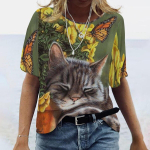 Suvised &uuml;mara kaelusega 3D kassipildiga pluusid, moodsad vabaaja l&uuml;hikeste varrukatega naiste T-s&auml;rgid XS