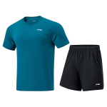 Li Ning Lihtne Hingav Mugav &Uuml;mmarguse Kaelusega Topp Ja Elastse V&ouml;&ouml;ga L&uuml;hikesed P&uuml;ksid Vabaaja Spordidress Unisex Komplektid Korall-Sinine Must AATU015-4 4XL