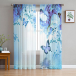 Loomliblikalill Sinine Roos Vesi Lained L&auml;bipaistvad Kardinad Elutuppa Magamistuppa T&uuml;llist Aknakardin Voile Organza Kardinad 1 PCS W100XH250cm&Rod Pocket