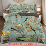 2/3 tk Lille ja linnu mustriga tekikottide komplekt, 1 tekikott+1/2 padjap&uuml;&uuml;ri, ilma t&auml;idiseta Vintage lille- ja linnu bonsaiprint Duvet Cover Set&EU Single(135x200cm)