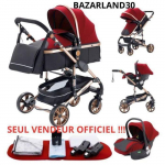 BAZARLAND30.Poussette Combin&eacute;e 3 en 1 Si&egrave;ge-Auto Nacelle Trio R&eacute;versible R&eacute;glable Haute Qualit&eacute; Roues increvables. ROUGE punane