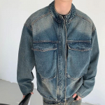 Meeste Retro Sinise Pesuga Seisva Kraega Denim Veoautojuhi Jakk S sinine