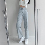 K&otilde;rge v&ouml;&ouml;kohaga lahtised mugavad teksad naistele T&auml;navar&otilde;ivad Moodsad sirged p&uuml;ksid Mom Jeans Pestud teksad L helesinine v&auml;rv