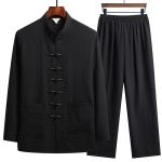 Hingav puuvilla-linase kanga konksuga Kung Fu Tai Chi top ja sobivad p&uuml;ksid Ida-retro kaheosaline Hanfu komplekt meestele S&uuml;gis M must