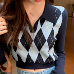 S&uuml;gisene kootud kampsun kampsun V-kaelusega mood Pullover Kampsun Preppy Style Naiste Kampsunid Alumised Riided Pull Femme 16474 OneSize tumesinine