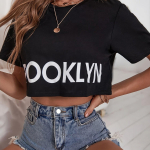 Brooklyn Print Cozy Crop Tee, Drop Shoulder l&uuml;hikeste varrukatega, kaelusega vabaaja topp kevadeks ja suveks, naiste riided S must