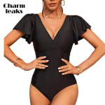 Charmleaks Sexy Deep V kaelusega &uuml;hev&auml;rviline &uuml;hes t&uuml;kis naiste ujumisriided l&uuml;hikeste varrukatega vanni&uuml;likond Monkini M must