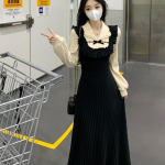 Kevadine ja s&uuml;gisene naiste suures suuruses kleit Prantsuse Splicing vintage must kleit &otilde;huke kootud alt kleidid M must