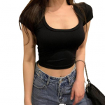 Naiste k&auml;rbitud topid Fit Tee Solid Sleeve Veniv U-kaelusega T-s&auml;rk l&uuml;hike v&auml;rvi &otilde;huke s&auml;rk l&uuml;hike L must