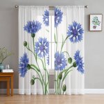 Valgel t&uuml;llist isoleeritud sinised rukkililled L&auml;bipaistvad kardinad elutuppa Magamistoa K&ouml;&ouml;gi kaunistamiseks Voile Organza kardinad 135W x 114H(cm)