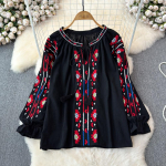 Camisa Feminina tikitud puhvis varrukatega etnilise stiiliga v&auml;rviline pluus naistele 2024 suve Camisas vintage naiste pluusid One Size