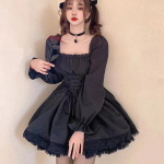 Pikkade varrukatega Lolita Must Kleit Gooti Esteetiline Puff Sleeve K&otilde;rge V&ouml;&ouml;koht Vintage Bandage Lace Trim Peo gooti riided Kleit Naine L must