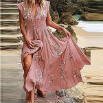 Naiste vabaaja vaba boheemlaslik lilleline kleit l&uuml;hikeste varrukatega, pikk maxi suvine rannakiik L