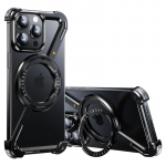 Luksuslik Z-kujuline raamita telefoni&uuml;mbris iPhone'ile 16 15 14 13 Pro Max Magsafe, alumiiniumist metallist kate, magnetiline kaitseraua 360&deg; p&ouml;&ouml;ratav alus For iPhone 15 Pro Max must