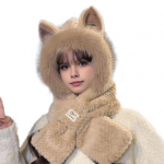 Naiste talvine integreeritud m&uuml;ts ja sall paks fliis soe multikas rebase k&otilde;rvakaunistus tuulekindel khaki