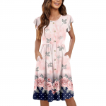 Naiste &uuml;mara kaelusega suvised k&auml;rbsevarrukad vabaaja tr&uuml;kitud vabade n&ouml;&ouml;pidega taskutega midikleidid XL lilla