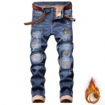 Uued Euroopa ja Ameerika meeste &otilde;hukese l&otilde;ikega sirge s&auml;&auml;rega perforeeritud plaastriga kangast paksu sametiga talvised meeste teksad 28