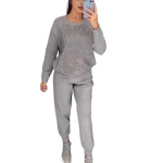 2 tk/komplekt naiste top p&uuml;kste &uuml;likond Rhinestone Decor O kaela pikkade varrukatega lapiline L h&otilde;bedane hall v&auml;rv