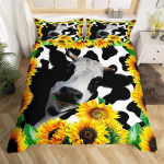 Lehmaga tekikotikomplekt King Mikrokiud Piimalehm ja Kollase P&auml;evalille Prindiga Tekikott Armas Loom ja Lilleline Teema Voodipesukomplekt EU Single 135x200cm