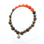 Pierres et Min&eacute;raux. Bracelet Perles Cornaline d'Uruguay + H&eacute;matite + bois 8 mm. Fabriqu&eacute; en France.