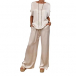 2 tk/komplekt Naiste &uuml;laosa p&uuml;kste komplekt satiinist &uuml;mmarguse kaelusega poolvarrukatega pluus Laia s&auml;&auml;rega elastsed v&ouml;&ouml;kohaga p&uuml;ksid taskutega. Igap&auml;evane vaba aeg avar riietus XL