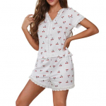 2 tk/komplekti pidžaama &uuml;likond, pitsliitmik, V-kaelus, l&uuml;hikeste varrukatega, kirssprinteriga &uuml;laosa Mugav kodur&otilde;ivaste komplekt vabaaja top l&uuml;hikesed p&uuml;ksid magamisriiete komplekt M valge