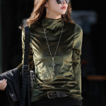 Kuldne samet poolkaelusega must pikkade varrukatega s&auml;rk naistele s&uuml;gisel ja talvel uue stiiliga Ameerika retro T-s&auml;rgiga XXXL armee roheline v&auml;rv