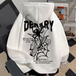 Meeste kirjaga &auml;mbliktr&uuml;kiga kapuutsiga kampsun Y2k s&uuml;gistalv Retro Harajuku kapuuts, pikkade varrukatega lahtised riided M valge