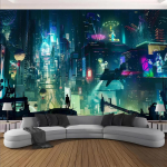 Cyberpunk &Ouml;ine Linnavalade Neonvalgustega Seinakate, Anime Seinale Riputatav Kaunistus, Cyberpunk Maastik Linn Siluett Seinakate 150X200CM blue