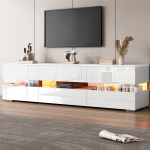 Kaasaegne Valge L&auml;ikiv Telerikapp, 160x39x45 cm, LED-valgustus, 2 ust, 1 sahtel, avatud riiul, 70-tollised telerid, Akr&uuml;&uuml;lklaasist siset&uuml;kk, Suru-et-avada valge