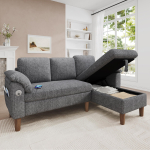 L-kujuline nurgadiivan, 3-kohaline hoiuruumiga divan, Vasak/Parem kokkupanek, USB/Type-C port, Tasku, K&auml;etugede padjad, &Scaron;enillkangas, Helehall 181 x 125 x 88 cm helehall v&auml;rv