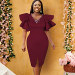 Naiste kleidid pidulik V kaelus, volangid, varrukad, helmed, l&otilde;hikuga keha, puusade elegantne &otilde;htukleit, suur suurus XXXL bordoo