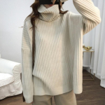 S&uuml;gistalvine &uuml;lisuur &uuml;hev&auml;rviline kilp-kaelusega sviiter, naiste uus džemper avar ja laisk vabaaja pikkade varrukatega silmkoelised topid One size beež